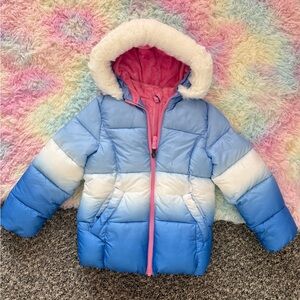 Blue and White Puffer Jacket with Pink Lining